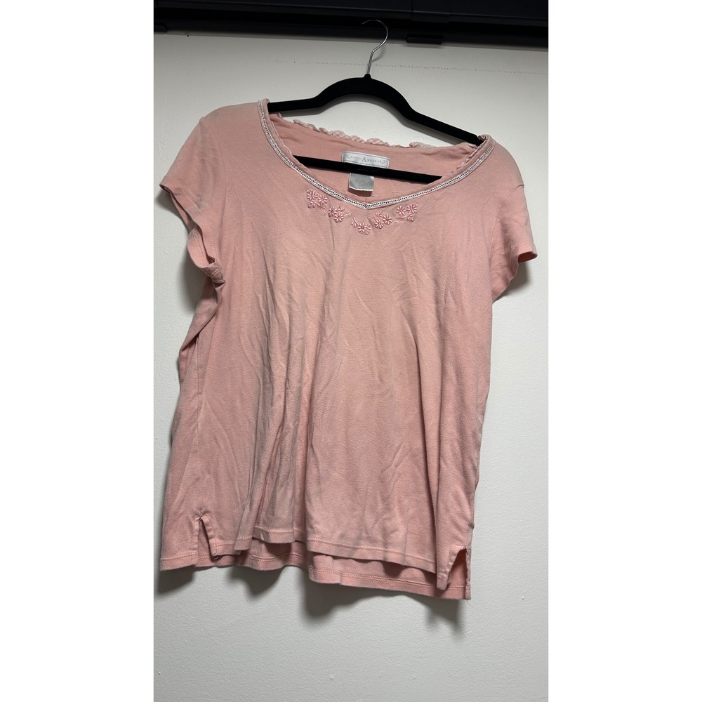 Earth Angels Pink Floral Embroidered Gingham Ruffle V-Neck Cotton Top Medium